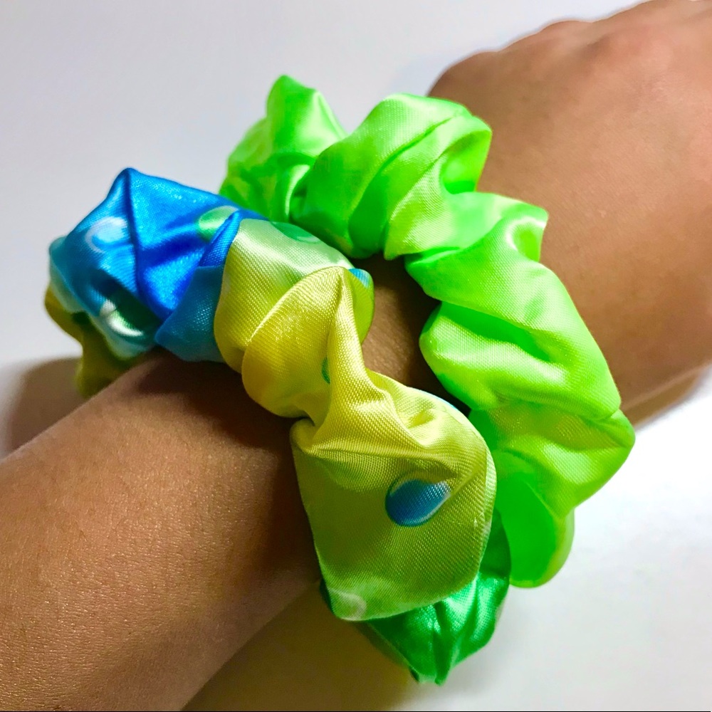 Neon Blue/Green Satin Scrunchie Bundle